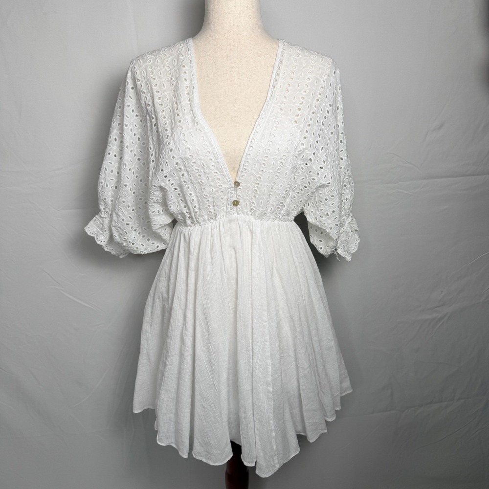 White Eyelet Mini Dress Balloon Sleeve V-Neck Open Back, bridal,Boho,Cotton LWD‎
